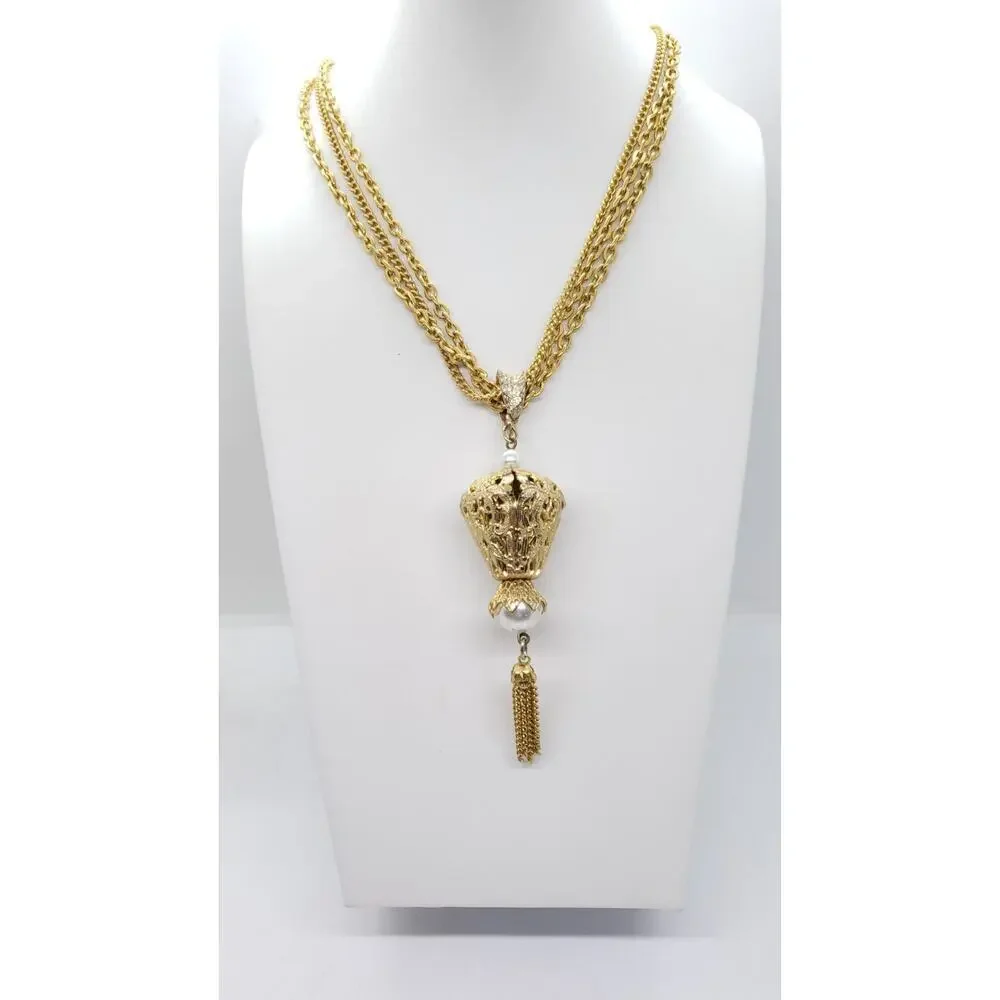 Vtg Pearl Pendant Necklace Tassel Triple Chain Gold Plated 70s Celebrity